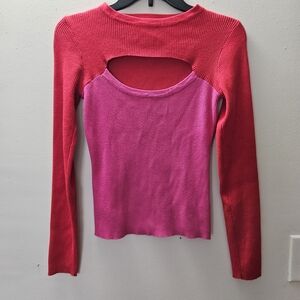 Vestique Vibrant Red And Pink Cut Out Knit Top